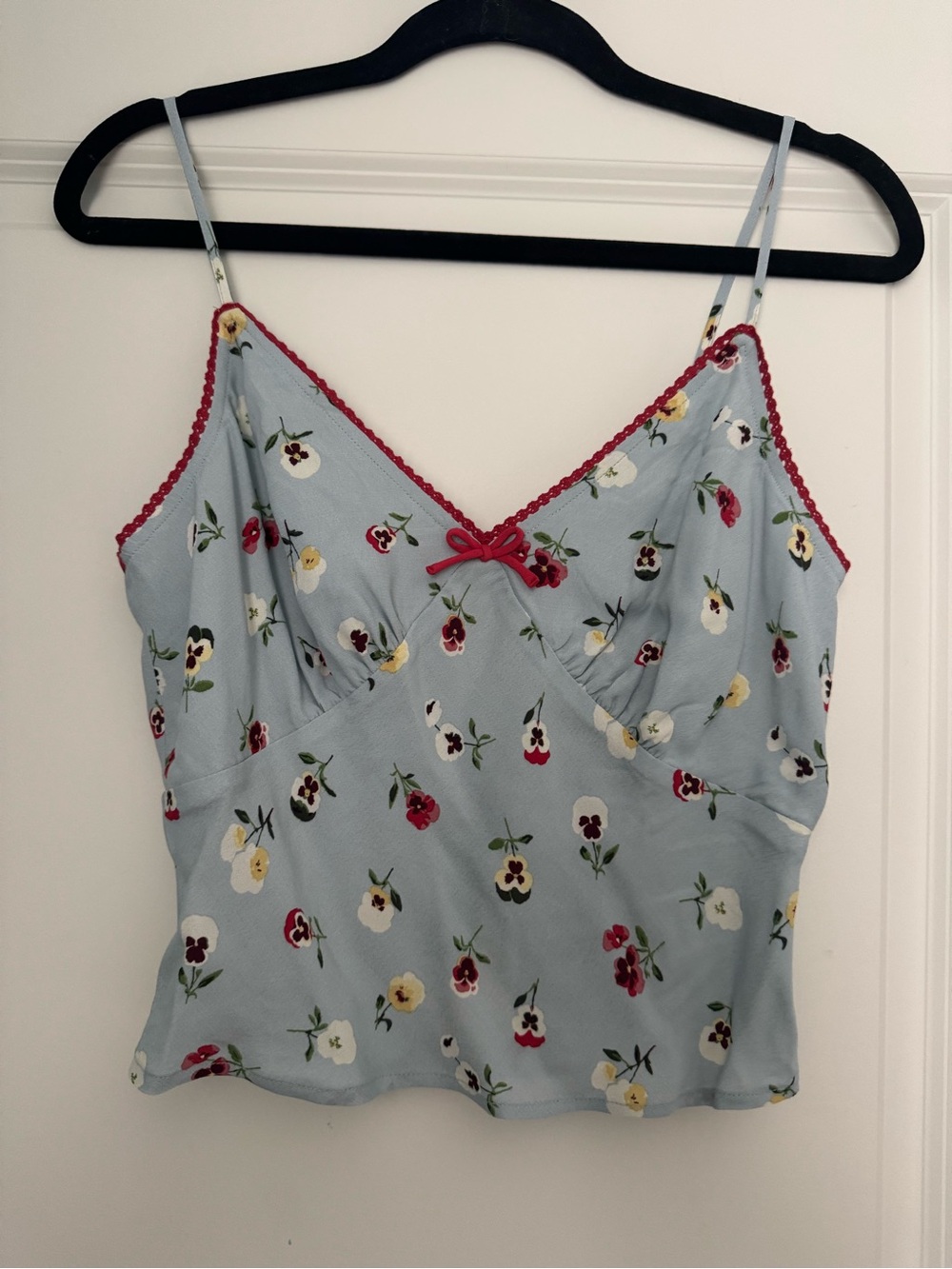 Light Blue Floral Camisole Tank with Red Trim and Bow